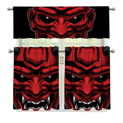 Red Japanese Demon Mask Print 3 Piece Kitchen Curtains