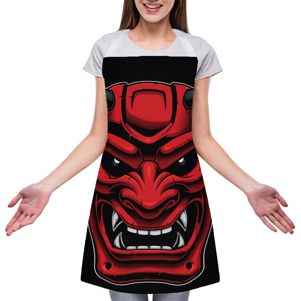 Red Japanese Demon Mask Print Adjustable Apron