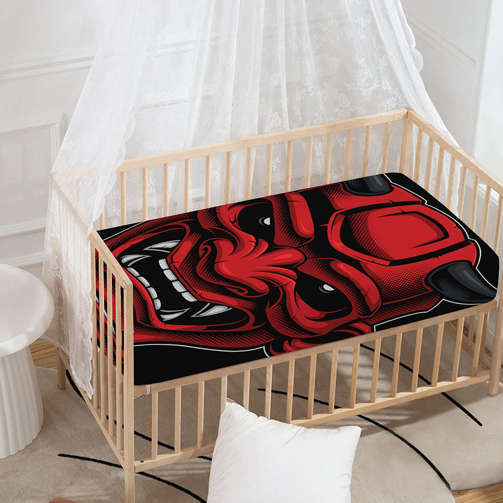 Red Japanese Demon Mask Print Baby Crib Sheet