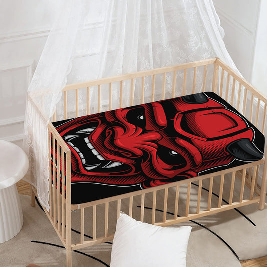 Red Japanese Demon Mask Print Baby Crib Sheet