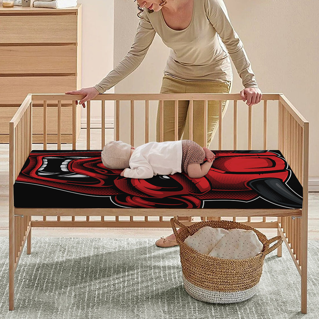 Red Japanese Demon Mask Print Baby Crib Sheet