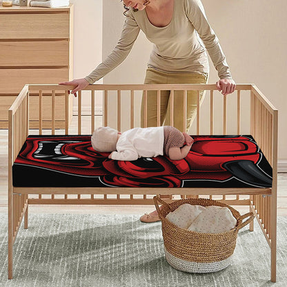 Red Japanese Demon Mask Print Baby Crib Sheet