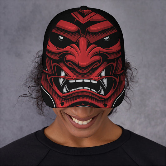 Red Japanese Demon Mask Print Baseball Cap