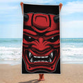 Red Japanese Demon Mask Print Beach Towel