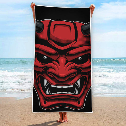 Red Japanese Demon Mask Print Beach Towel