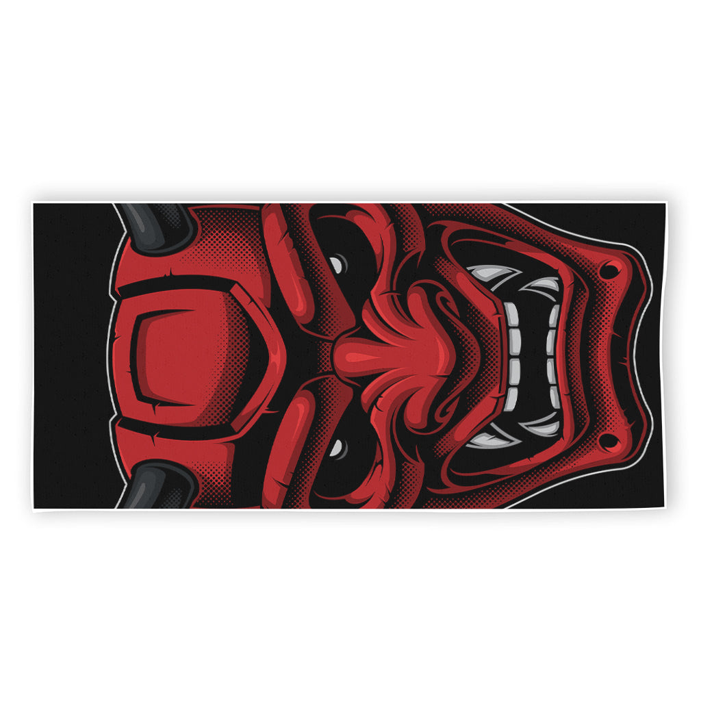 Red Japanese Demon Mask Print Beach Towel