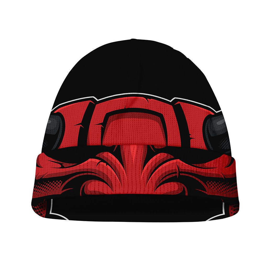 Red Japanese Demon Mask Print Beanie
