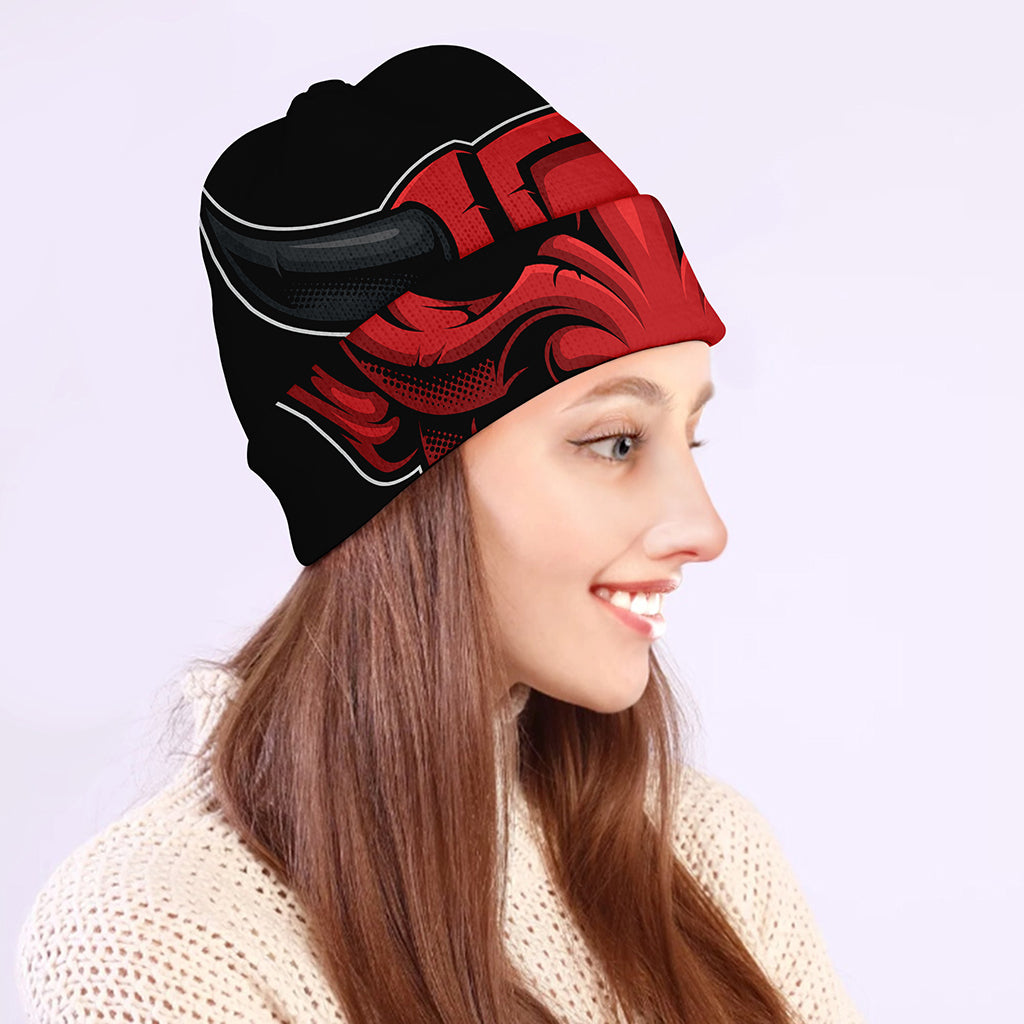 Red Japanese Demon Mask Print Beanie