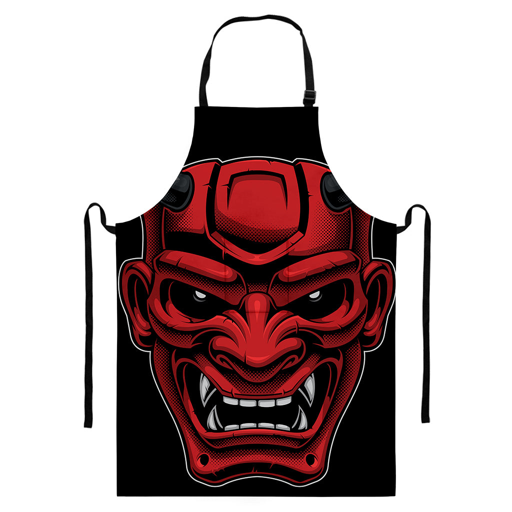 Red Japanese Demon Mask Print Bib Apron With Pocket