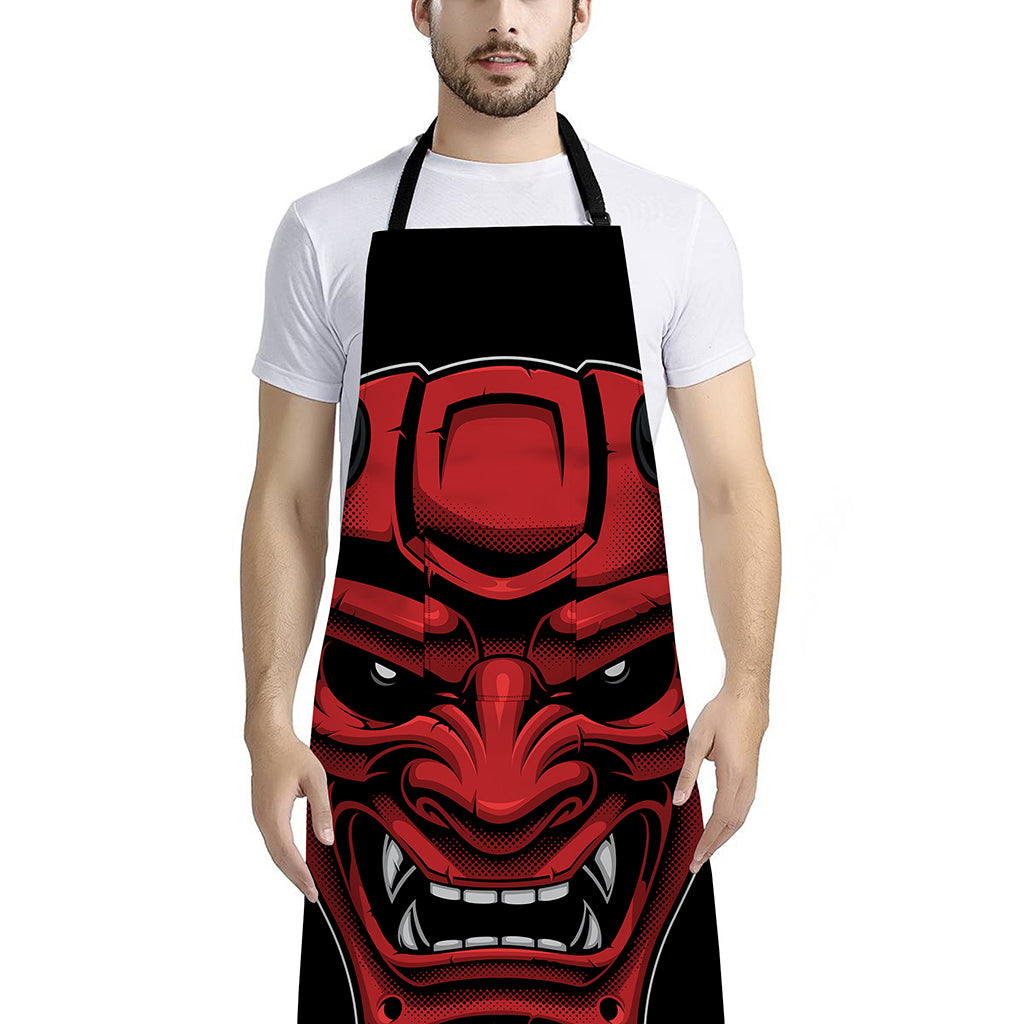 Red Japanese Demon Mask Print Bib Apron With Pocket