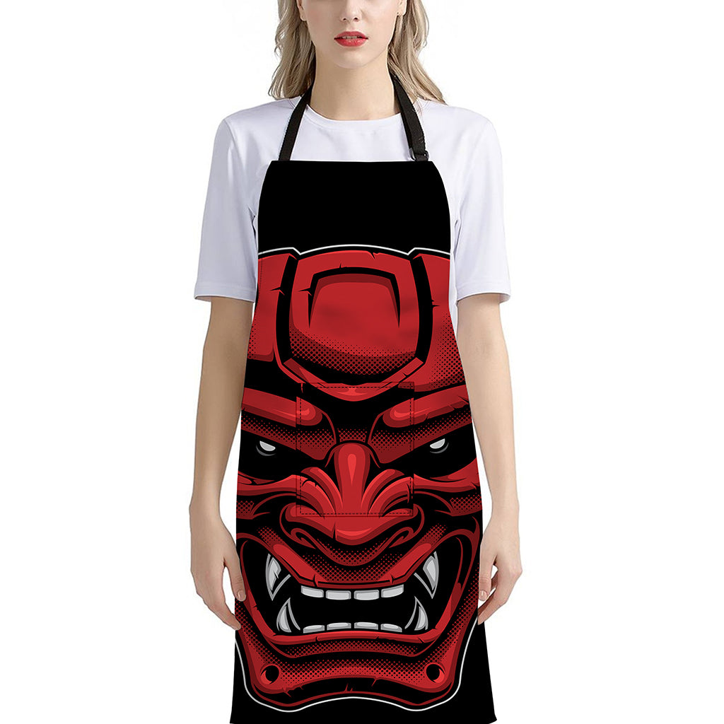 Red Japanese Demon Mask Print Bib Apron With Pocket