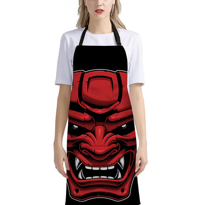 Red Japanese Demon Mask Print Bib Apron With Pocket