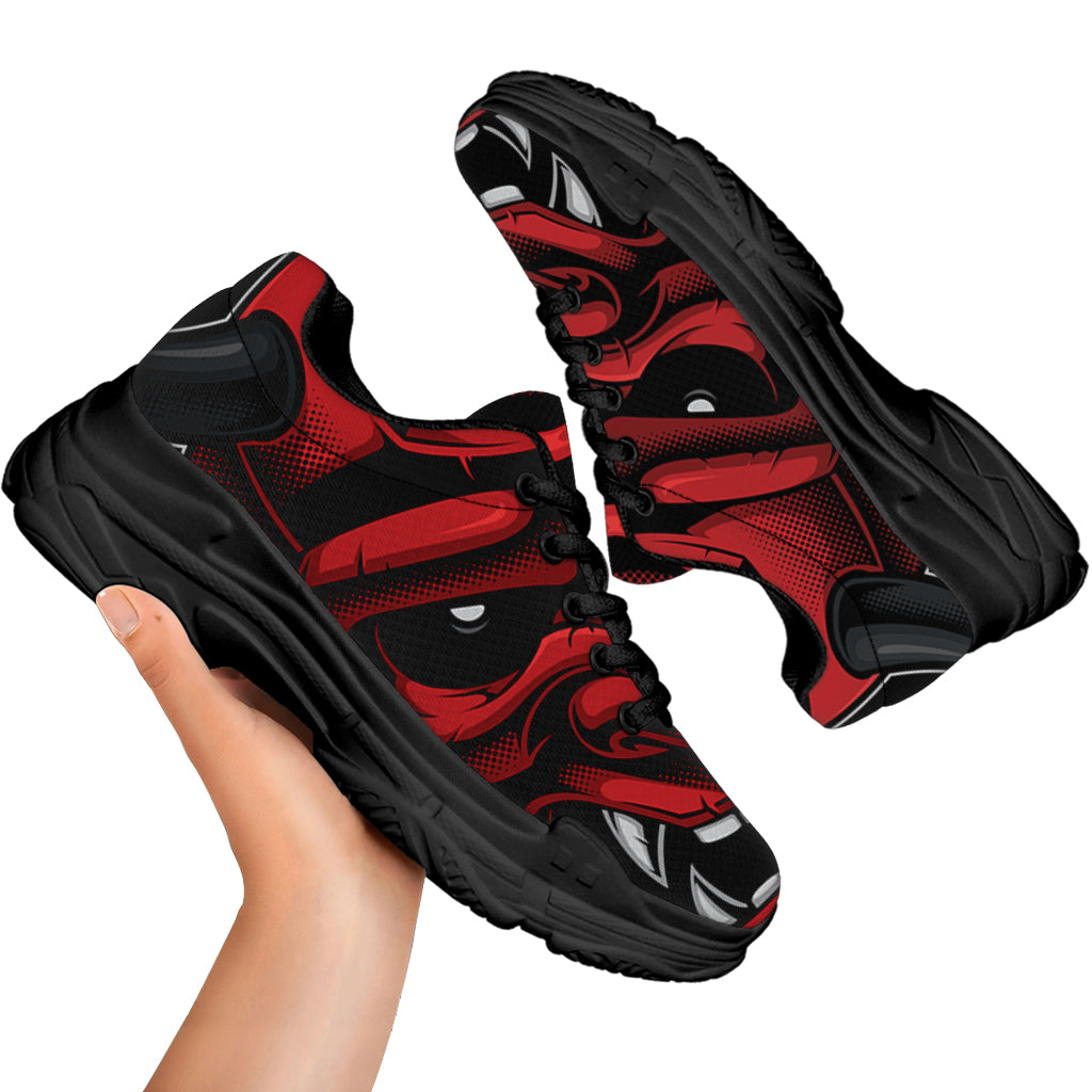 Red Japanese Demon Mask Print Black Chunky Shoes