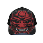 Red Japanese Demon Mask Print Black Mesh Trucker Cap