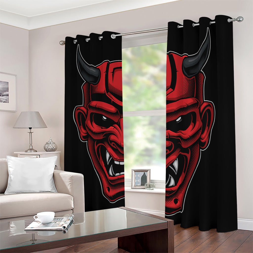 Red Japanese Demon Mask Print Blackout Grommet Curtains