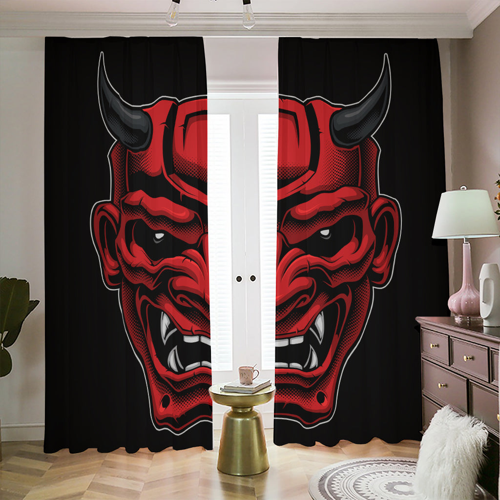 Red Japanese Demon Mask Print Blackout Pencil Pleat Curtains