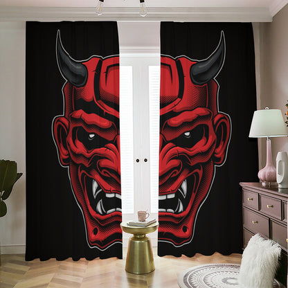 Red Japanese Demon Mask Print Blackout Pencil Pleat Curtains