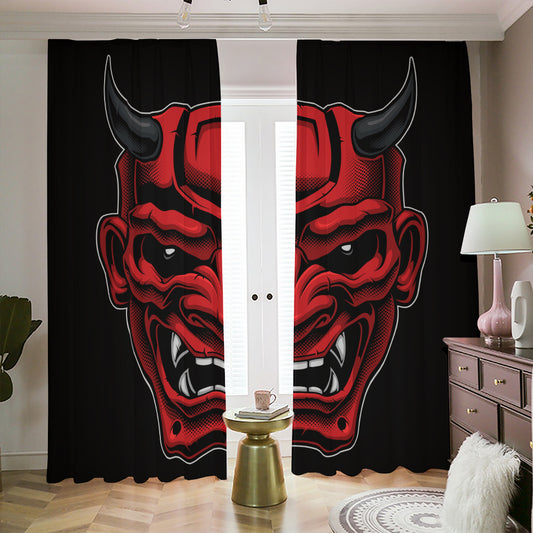 Red Japanese Demon Mask Print Blackout Pencil Pleat Curtains