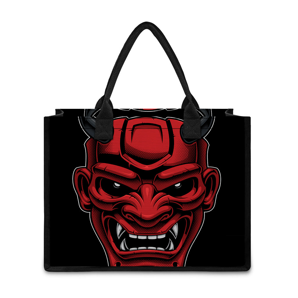 Red Japanese Demon Mask Print Canvas Tote Bag