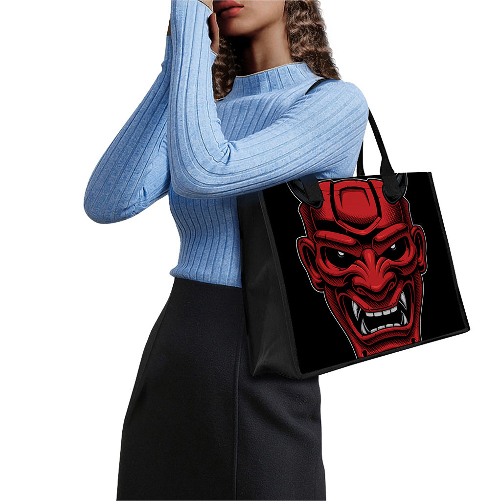 Red Japanese Demon Mask Print Canvas Tote Bag