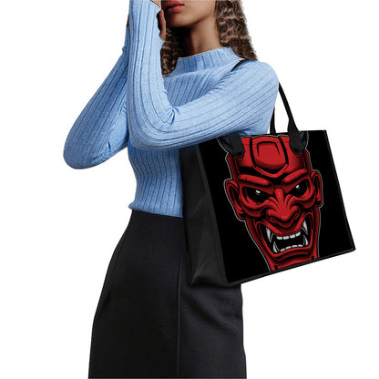 Red Japanese Demon Mask Print Canvas Tote Bag