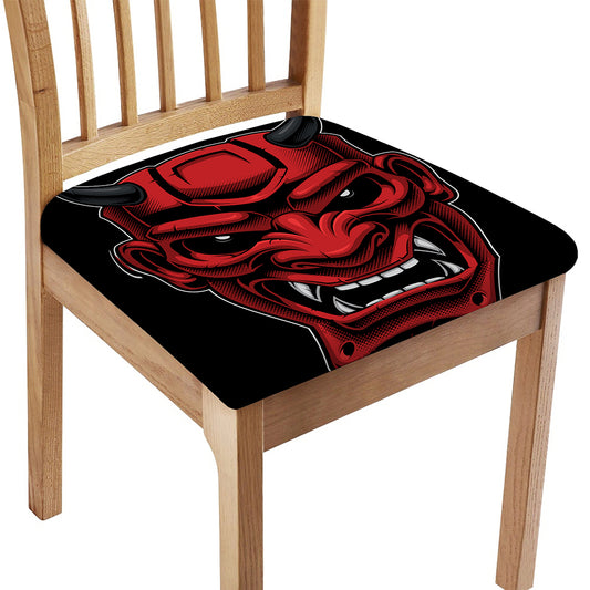 Red Japanese Demon Mask Print Chair Cushion Cover