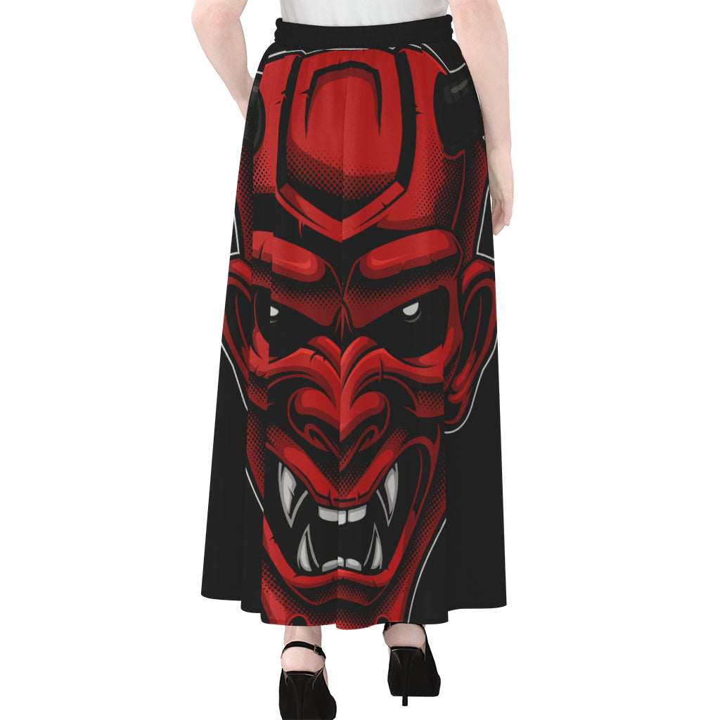 Red Japanese Demon Mask Print Chiffon Maxi Skirt