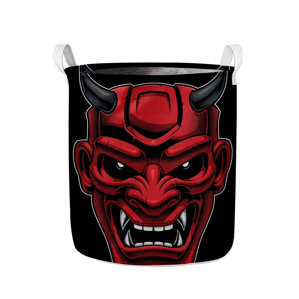 Red Japanese Demon Mask Print Collapsible Laundry Basket