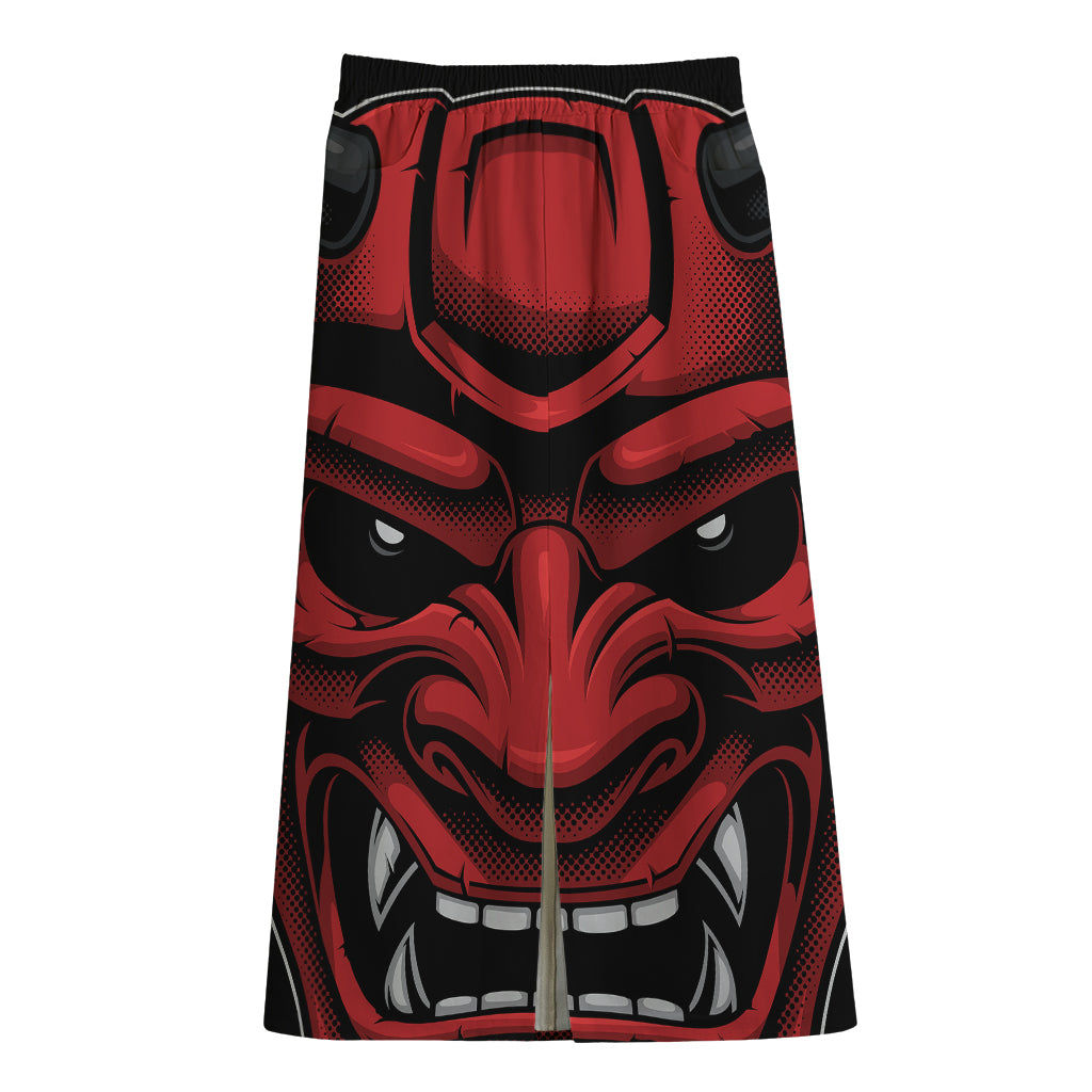 Red Japanese Demon Mask Print Cotton Front Slit Maxi Skirt