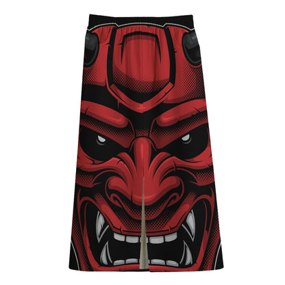 Red Japanese Demon Mask Print Cotton Front Slit Maxi Skirt