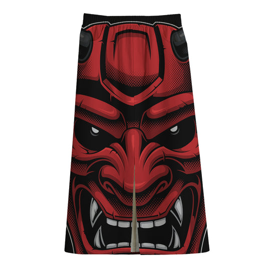 Red Japanese Demon Mask Print Cotton Front Slit Maxi Skirt