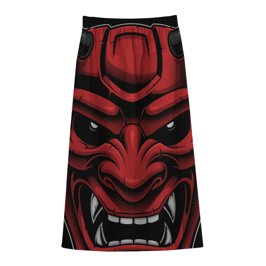 Red Japanese Demon Mask Print Cotton Front Slit Maxi Skirt