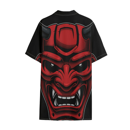 Red Japanese Demon Mask Print Cotton Hawaiian Shirt