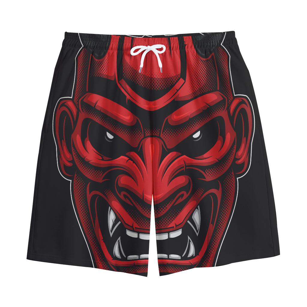 Red Japanese Demon Mask Print Cotton Shorts