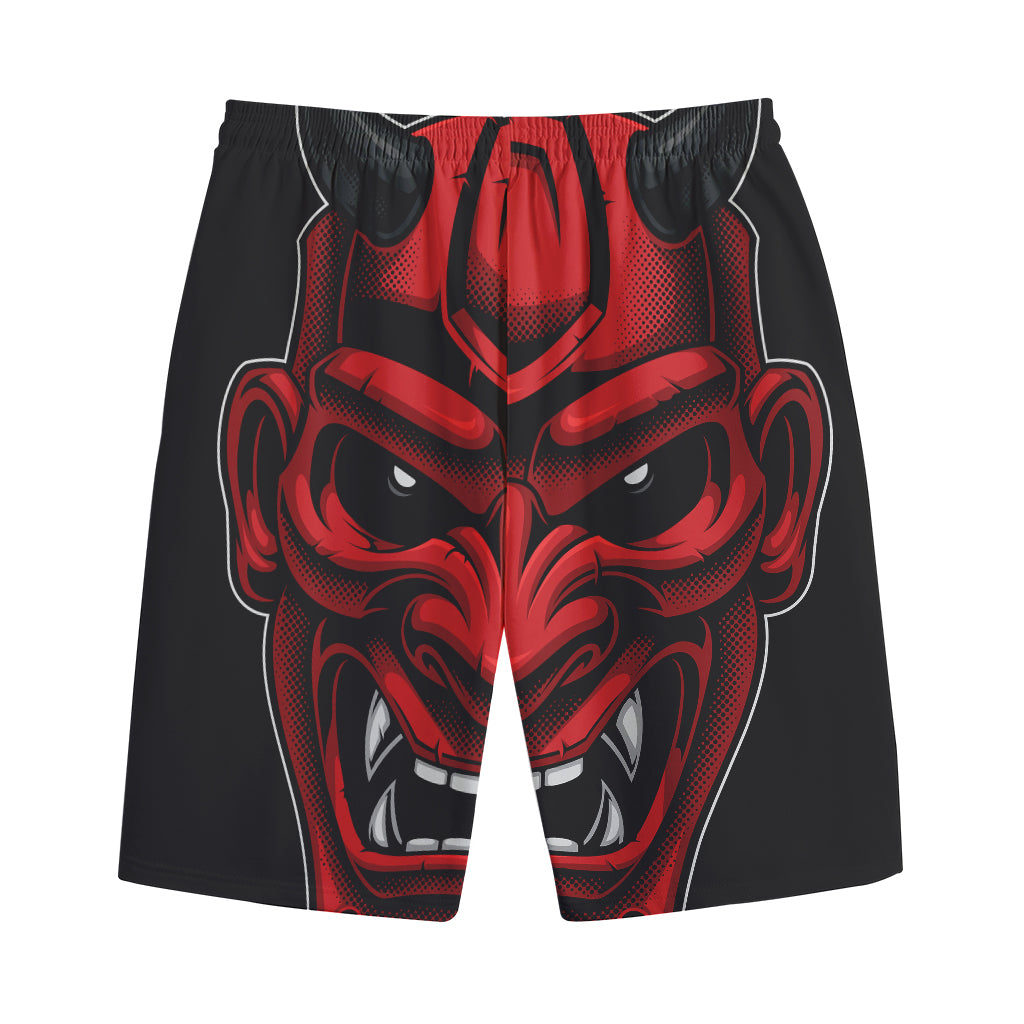 Red Japanese Demon Mask Print Cotton Shorts