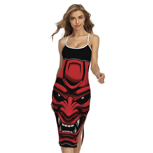 Red Japanese Demon Mask Print Cross Back Cami Dress