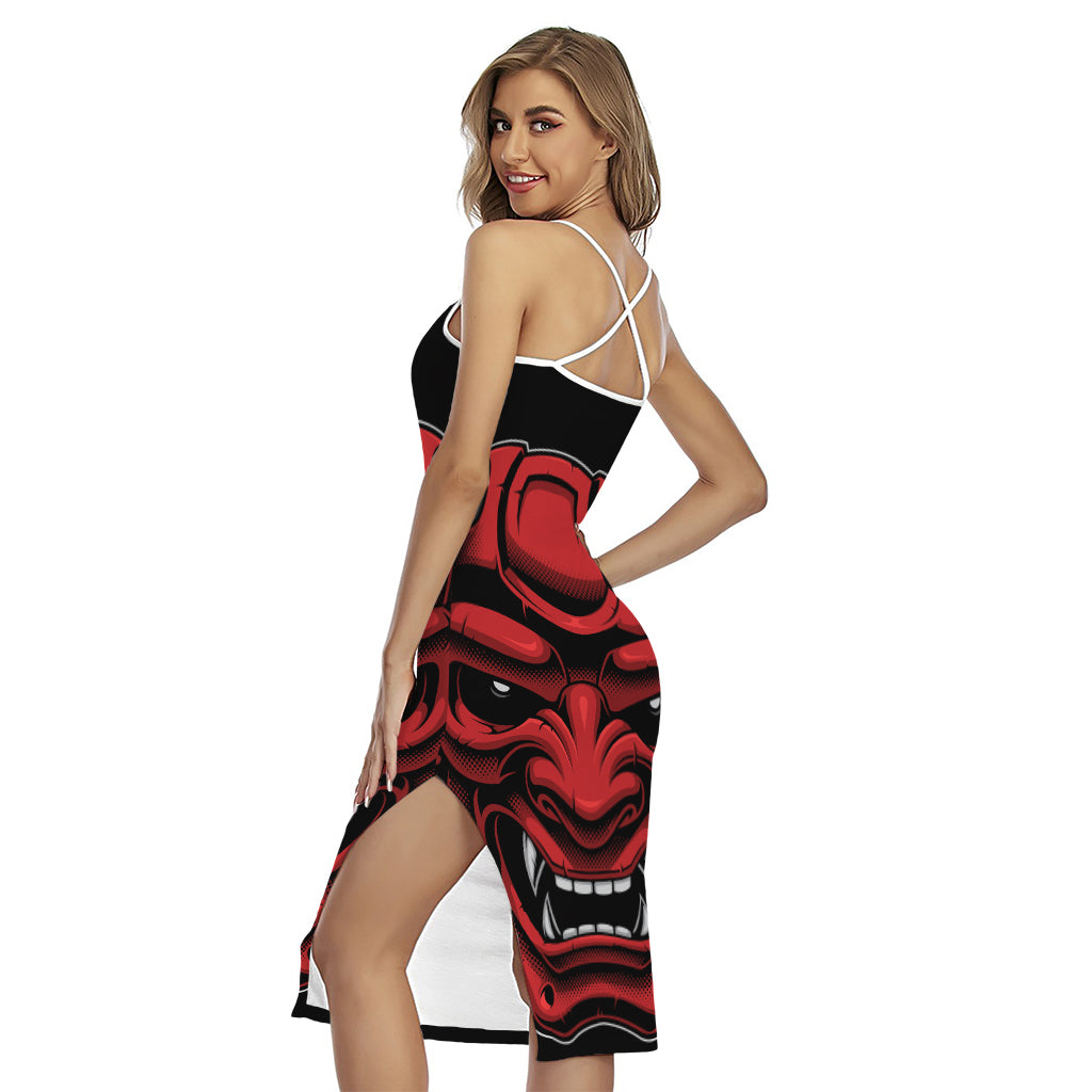Red Japanese Demon Mask Print Cross Back Cami Dress
