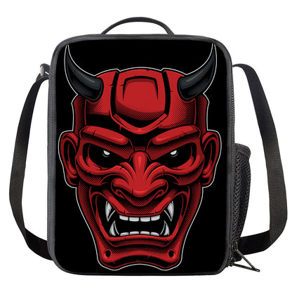 Red Japanese Demon Mask Print Crossbody Lunch Bag