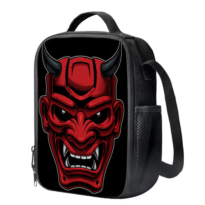 Red Japanese Demon Mask Print Crossbody Lunch Bag