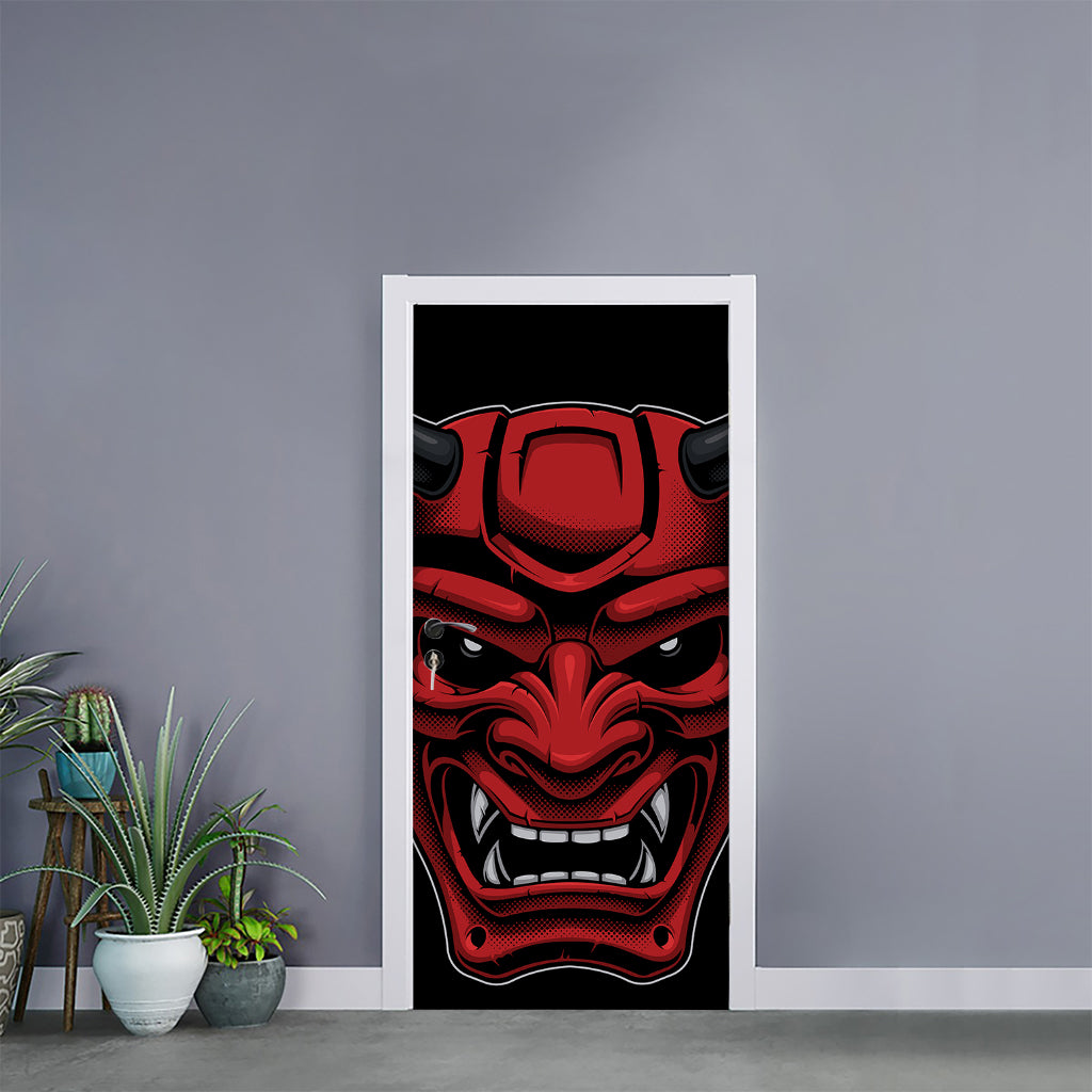 Red Japanese Demon Mask Print Door Sticker