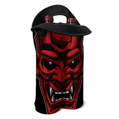 Red Japanese Demon Mask Print Double Neoprene Wine Tote
