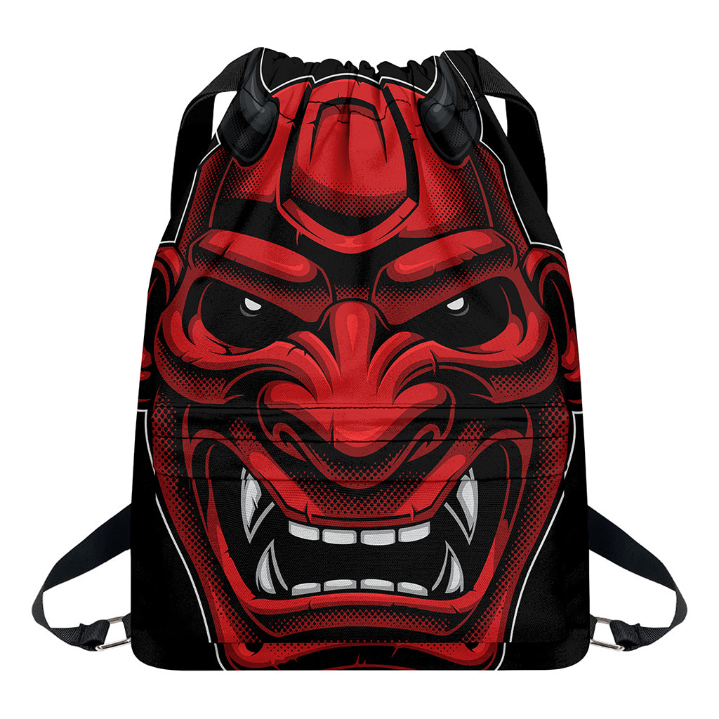 Red Japanese Demon Mask Print Drawstring Backpack