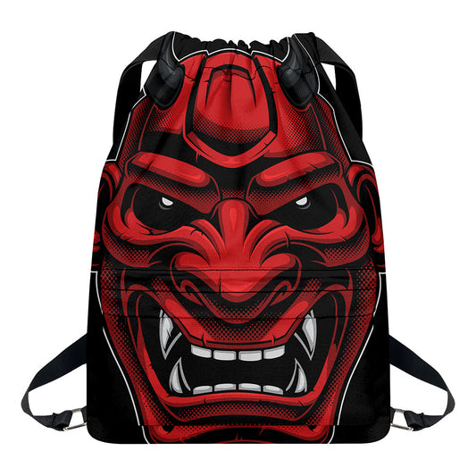 Red Japanese Demon Mask Print Drawstring Backpack