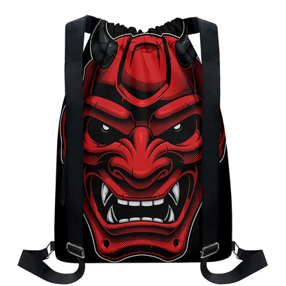 Red Japanese Demon Mask Print Drawstring Backpack