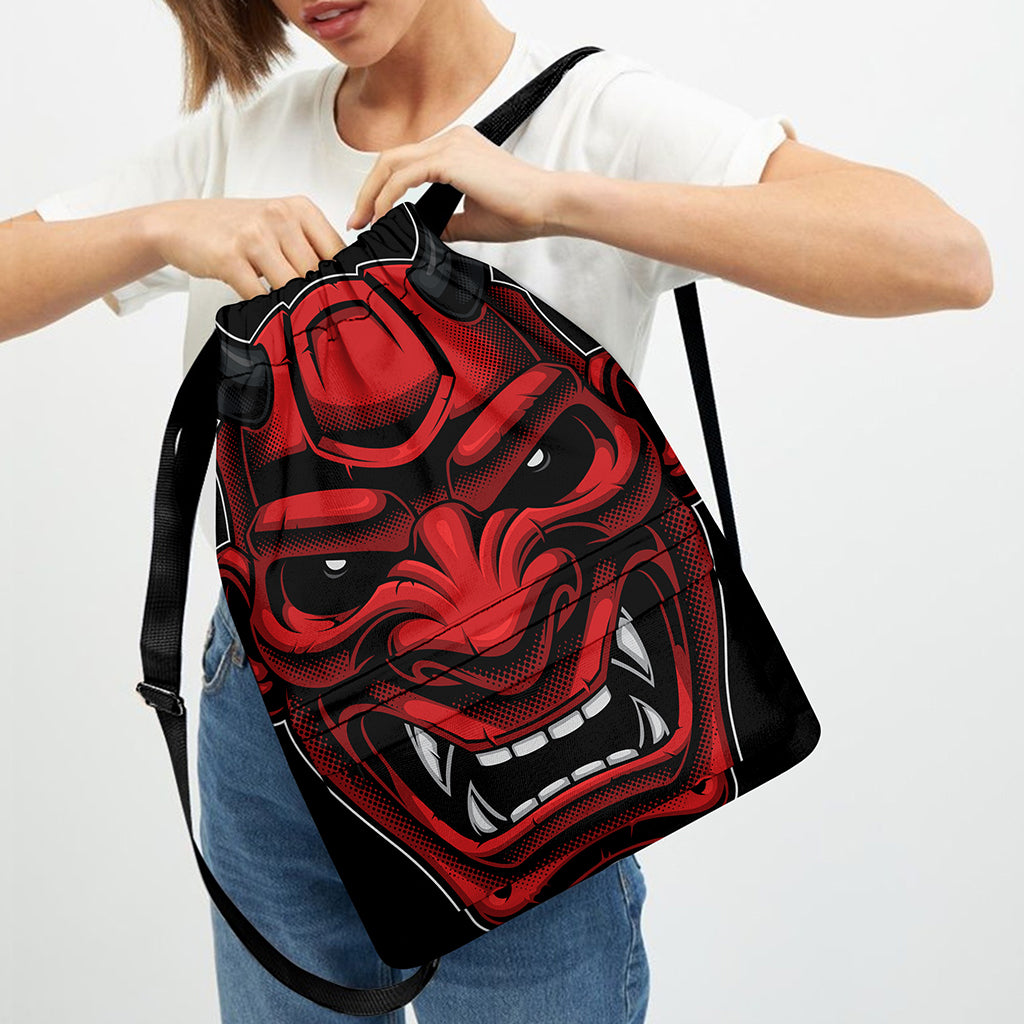 Red Japanese Demon Mask Print Drawstring Backpack