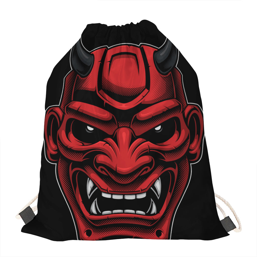 Red Japanese Demon Mask Print Drawstring Bag