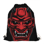 Red Japanese Demon Mask Print Drawstring Bag