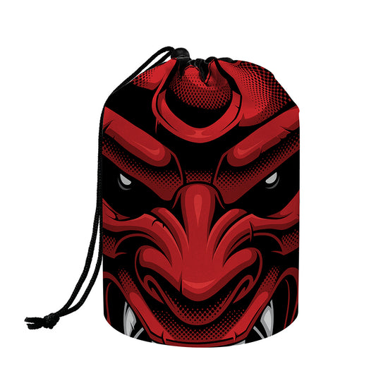 Red Japanese Demon Mask Print Drawstring Makeup Bag
