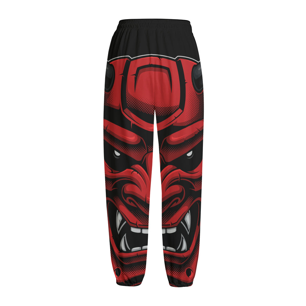 Red Japanese Demon Mask Print Fleece Lined Knit Pants