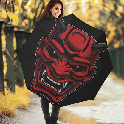 Red Japanese Demon Mask Print Foldable Umbrella